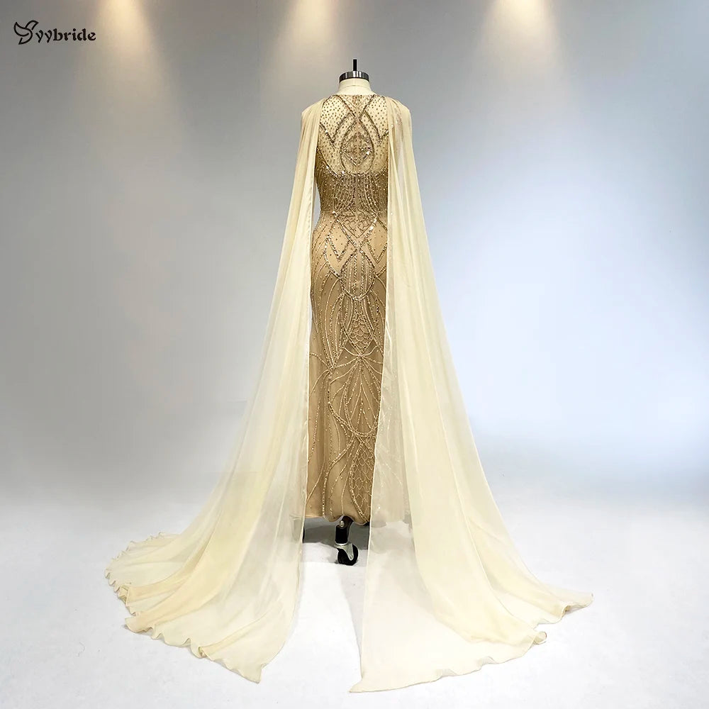 YYbride Robe de soirée sirène luxueuse en cristaux dorés avec écharpe bouffante Jupe champagne Robe de soirée longue pour femmes à succès