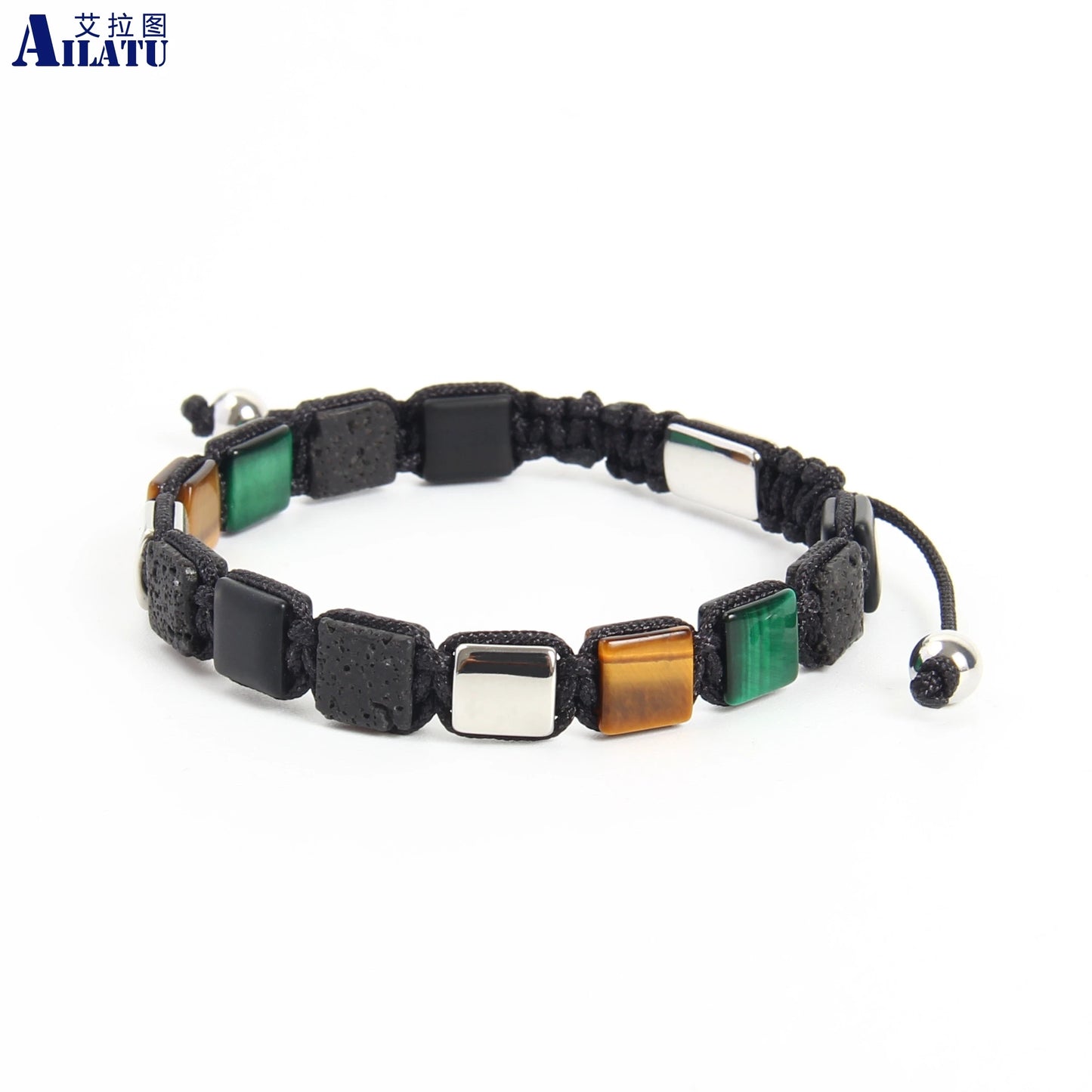 Ailatu 10pcs/lot Natural Stone Square Braiding Bracelet Natural Tiger Eye Stainless Steel Bangle Custom Jewelry Luxury Men Gift