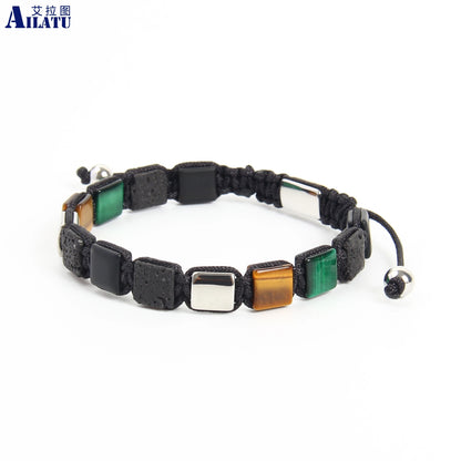 Ailatu 10 pcs/lot Bracelet tressé carré en pierre naturelle œil de tigre naturel Bracelet en acier inoxydable Bijoux personnalisés Cadeau de luxe pour hommes