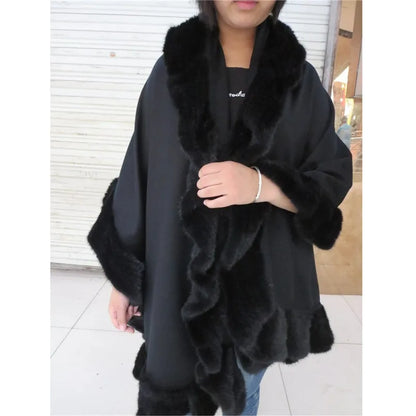 Real 100% pure Cashmere shawl with fur genuine mink fur trimmed women ladies autumn winter fur cape Black elegant scarf S82