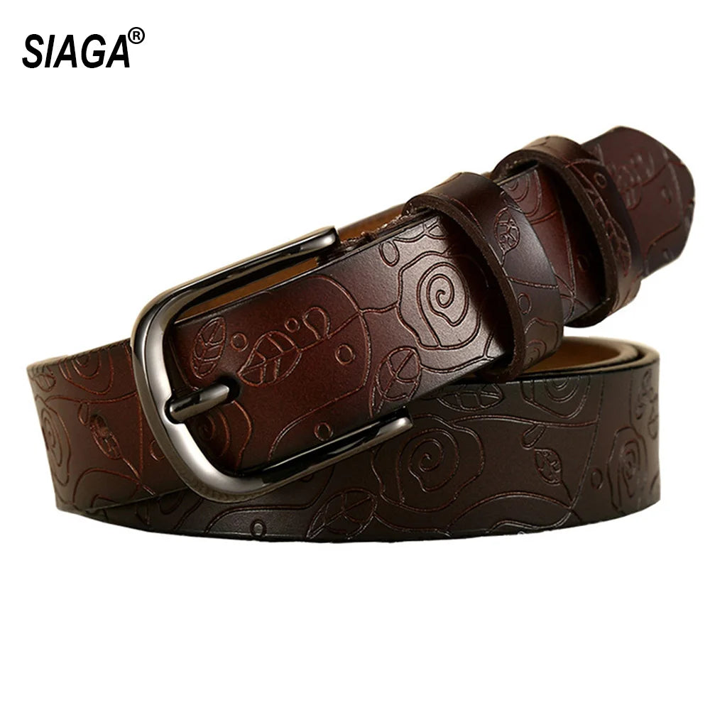 Fashion Design Floral Pattern Rose Red Genuine Leather Female Belt Women's Pin Buckle Metal Belts 28mm Wide 2023 FCO082