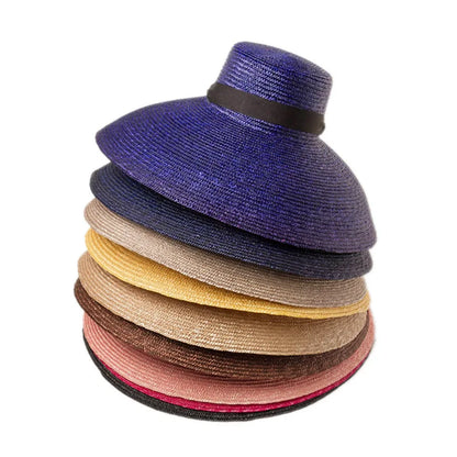 Chapeau de paille naturel teint à gros bord pour femme, vintage, personnalisé, plat, pour la plage, les voyages, protection solaire, noir, à lanières