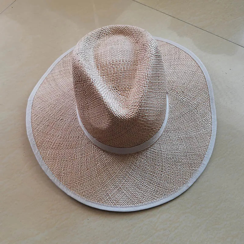 Classic Unisex Summer Hat for Men Women Handmade Cool Woven Straw Fedora Hat Stylish Sun Hat Beige Band Jazz Cap Kentucky Derby