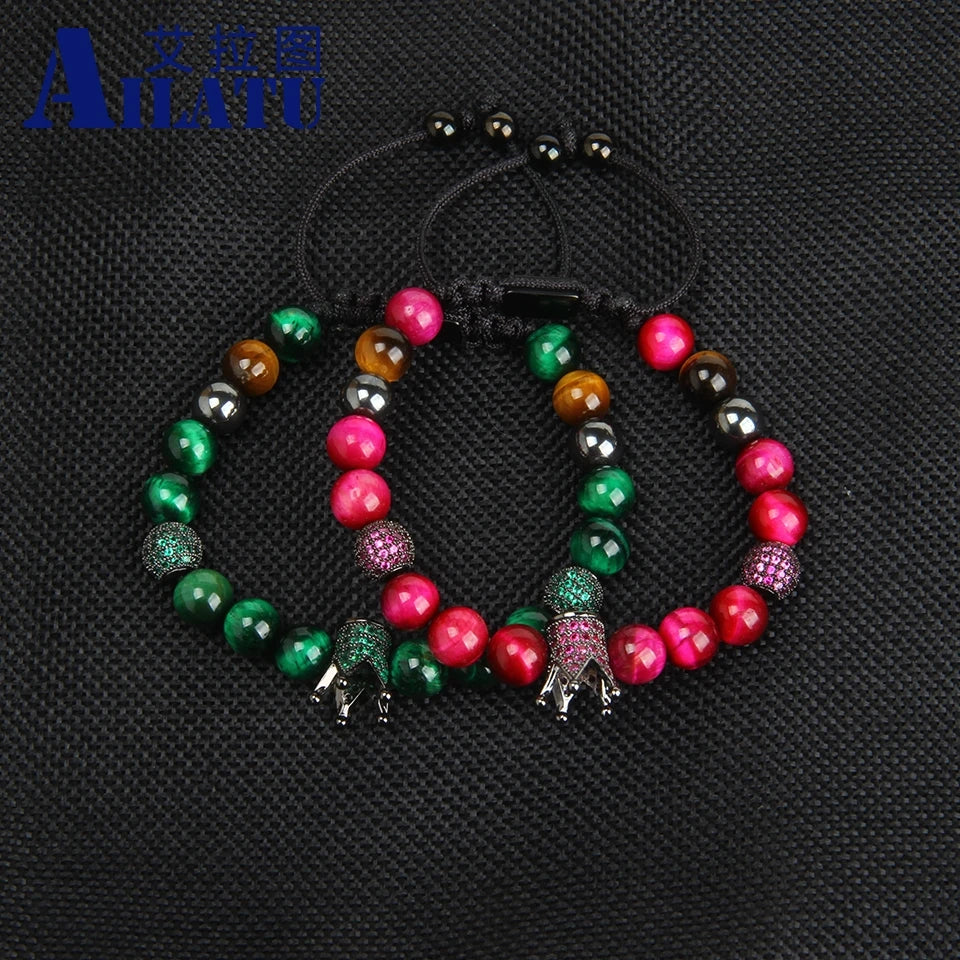 Ailatu 10pcs/Lot New Couples Crown Sets Bracelet Green & Rose Natural Tiger Eye Stone Beads Thread Wave Macrame Jewelry