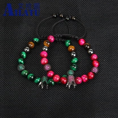 Ailatu Lot de 10 bracelets en forme de couronne pour couple, perles en pierre naturelle œil de tigre verte et rose, fil ondulé, bijoux en macramé