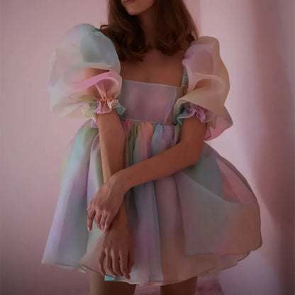 Robe de princesse tutu en tulle à manches bouffantes pour femmes, col carré, jupe à volants en maille, jupe à bulles, robe de soirée de mariage, robe de bal, mini robe de fée