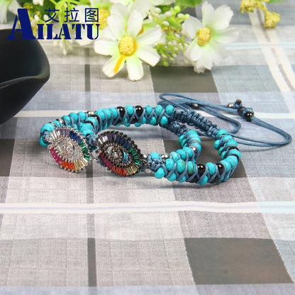 Pulsera tejida estilo bohemio con ojo de la suerte turco y circonita cúbica arcoíris de Ailatu Fashion, pulsera de la amistad única hecha a mano