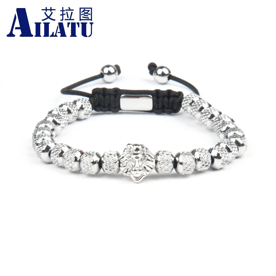 Pulsera de cabeza de león Ailatu con cuentas de acero inoxidable reticuladas, cadena de cuerda de lujo de 6 mm para hombres, regalo hecho a mano, nuevo regalo