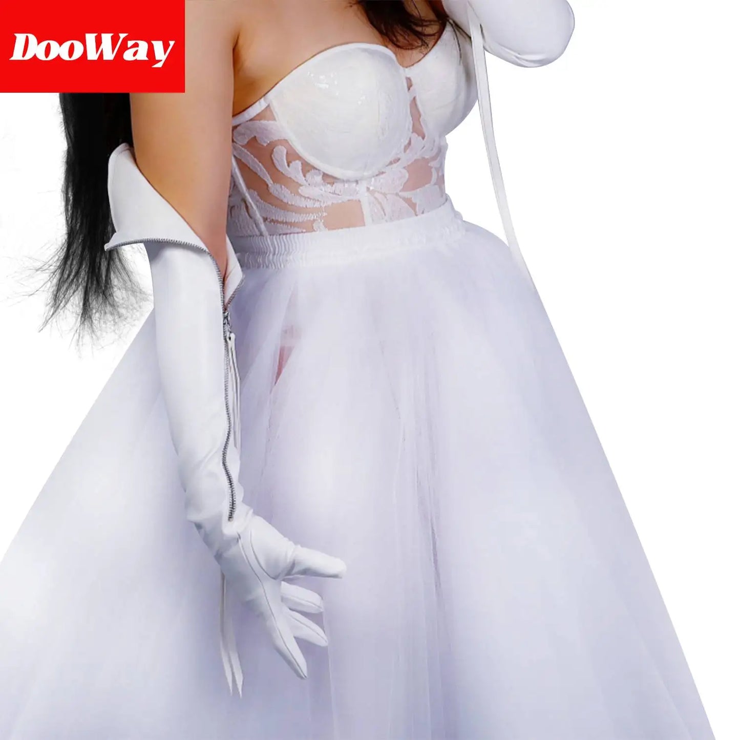 DooWay Femmes Opéra Longueur Gants À Glissière Simili Cuir Long Gant Blanc 24 pouces Mariage Soirée Fête Dressing Gant Cosplay