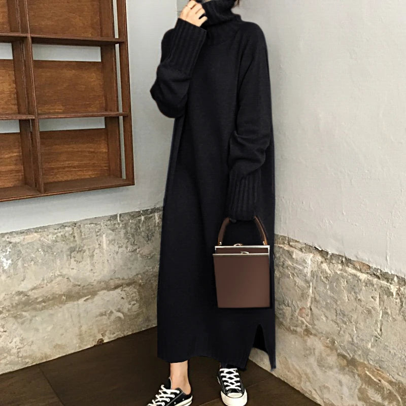 Women Autumn Winter thick Turtleneck long Sweater Dress ladies Long Sleeve straight split Knitted pullover dresses solid color