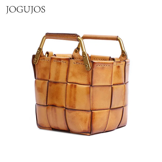 Fashion Vintage Handmade Leather Hand Weaving Large Capacity Cowhide Women Handbag  Luxury  Solid Color Leisure Shoulder Bags