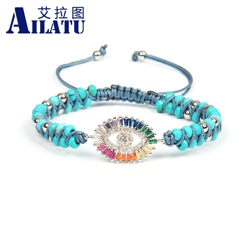 Pulsera tejida estilo bohemio con ojo de la suerte turco y circonita cúbica arcoíris de Ailatu Fashion, pulsera de la amistad única hecha a mano