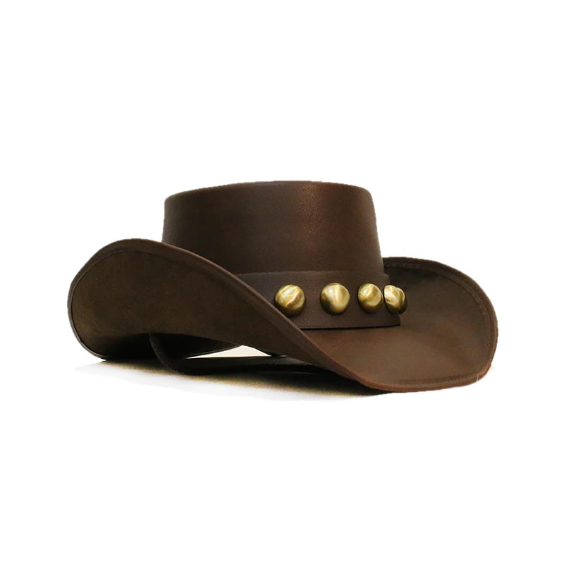 Unisex Women Men Oval Round Top Cap Leather Roll Up Wide Brim Sombrero Sun Cap Beach Cowboy Cowgirl Western Hat 58cm