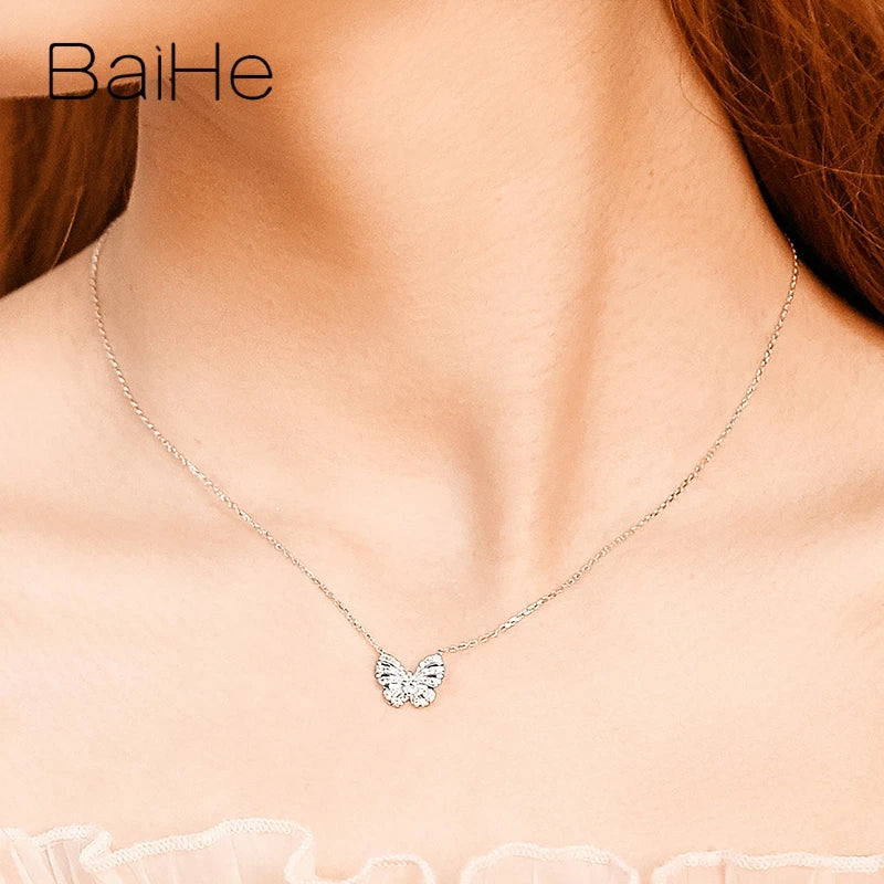 BAIHE Solid 18K White Gold Natural Diamond Butterfly Necklace Collarbone Chain Women Trendy Fine Jewelry Náhrdelník s motýly