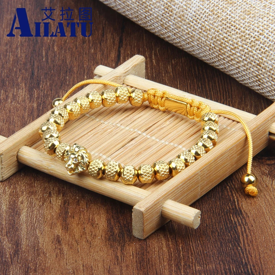 Ailatu Lion Head Bracelet Reticulated Stainless Steel Beads Luxury 6mm Men Rope Chain Fashion New Hand-Made Present, Gift,