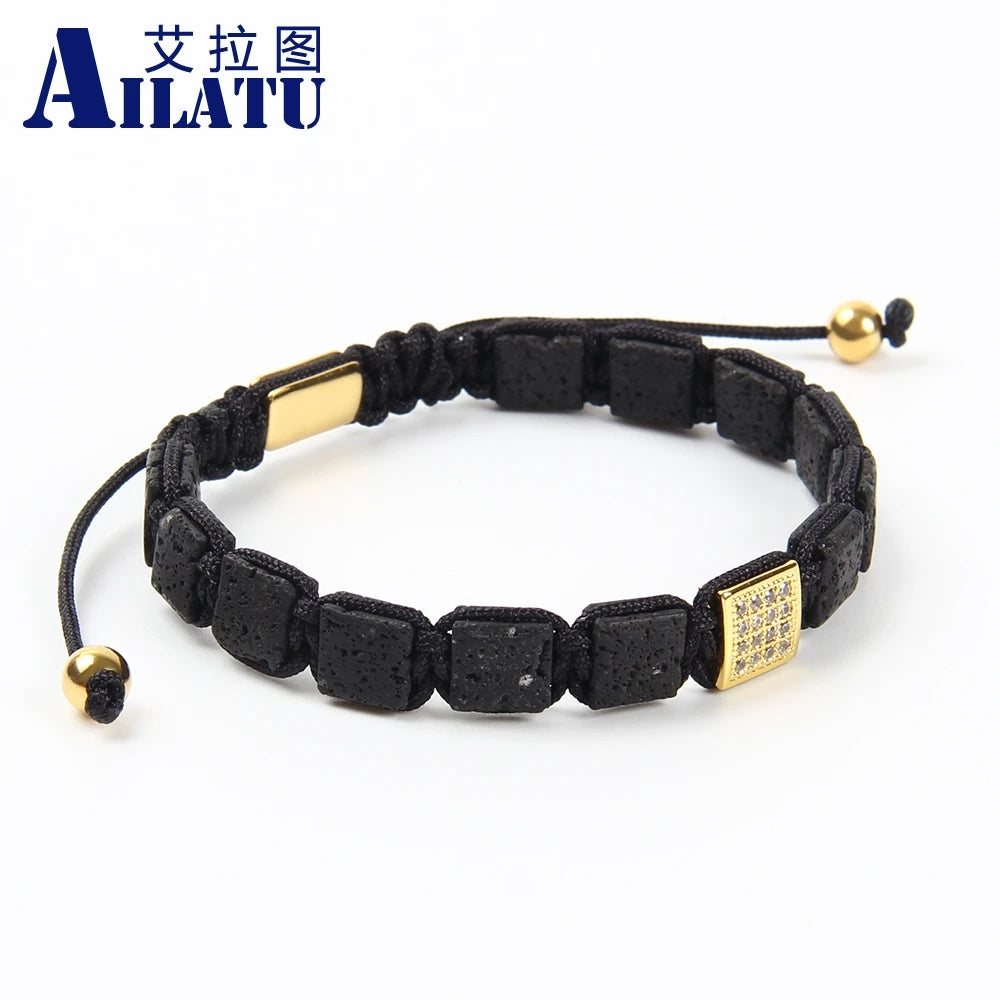 Ailatu 8x8mm Square Lava Rock Stone Braided Bracelet Stainless Steel Jewelry Free Logo Service