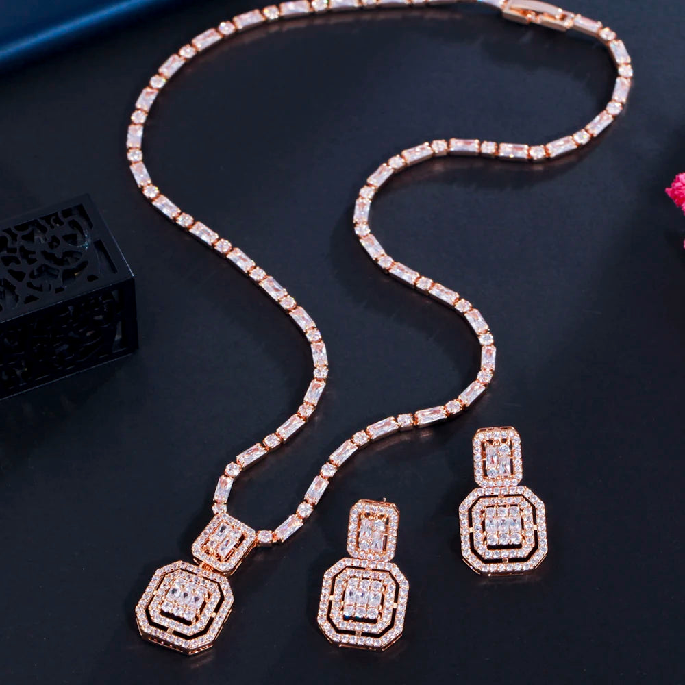 ThreeGraces Geometric Square Earrings Necklace Shiny Cubic Zirconia Crystal Fashion Jewelry Set for Women New Party Gift TZ651