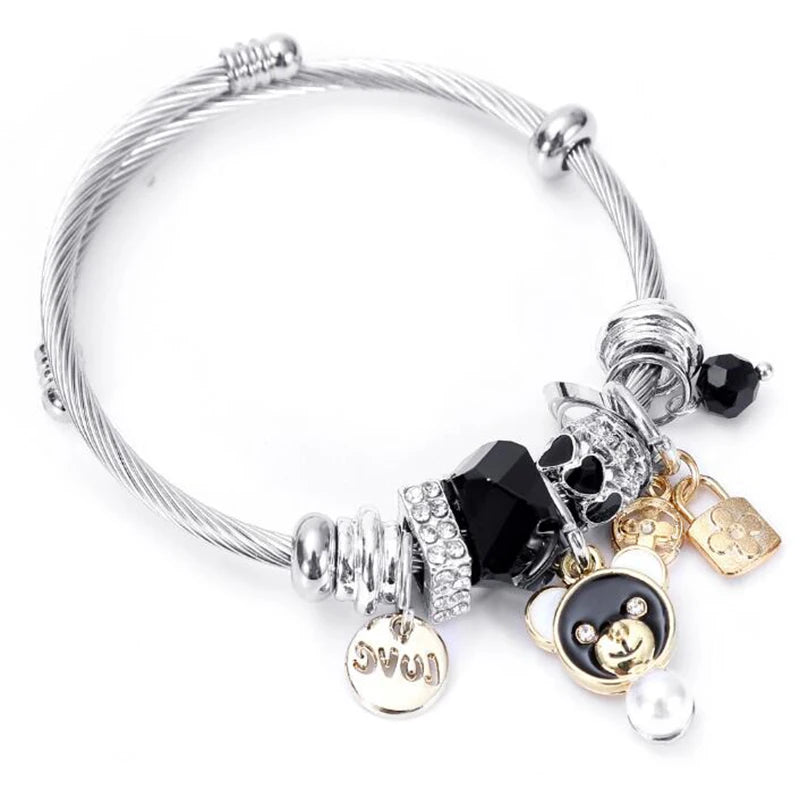 Bracelet à breloques en forme d'ours à la mode pour femme, bijoux en acier inoxydable de haute qualité, taille ouverte