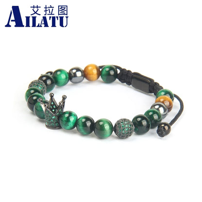 Ailatu 10pcs/Lot New Couples Crown Sets Bracelet Green & Rose Natural Tiger Eye Stone Beads Thread Wave Macrame Jewelry