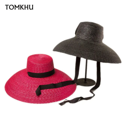 Sombrero de paja natural teñido con ala grande y parte superior plana personalizado vintage para primavera y verano para mujer, gorra de protección solar para viajes en la playa, sombrero para el sol con tiras negras