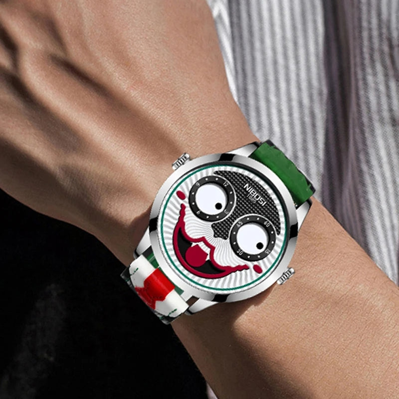 Nuevo reloj de lujo Joker para hombre, marca superior, personalidad creativa de moda, payaso, cuarzo, cuero, relojes deportivos impermeables para hombre