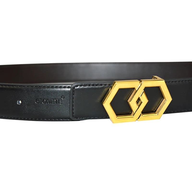 Men Luxury Belt High Quality Genuine Leather Waist Belt Stainless Steel Hexagon Buckle  ремни Gold Casual Jeans Luxury Brand