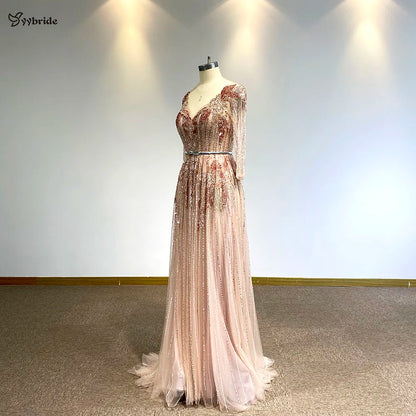 YYbride Newest V Neck Long Sleeves Light Pink Floor Length Evening Dress Colorful Crystals Customized Service Celebrity Dresses