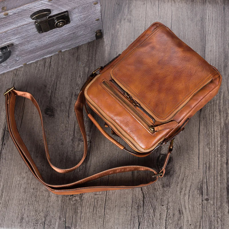 Vintage Genuine Leather Men's Handbag Male Small Shoulder Messenger Bag Men Crossbody Bags First Layer Cowhide Verticle Square