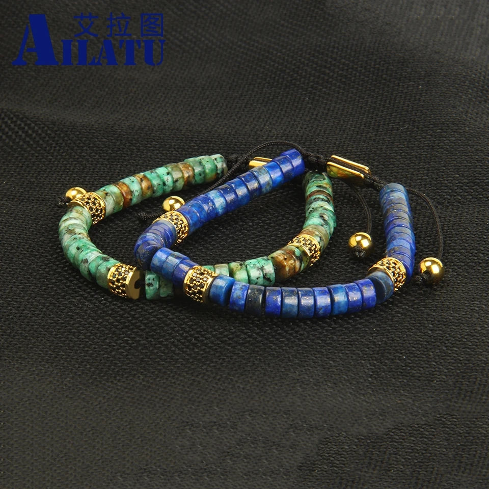 Ailatu Men's Macrame Bracelet with 6mm Lapis Lazuli & African Stone Beads Couples Jewelry Top Quality Free Logo Service