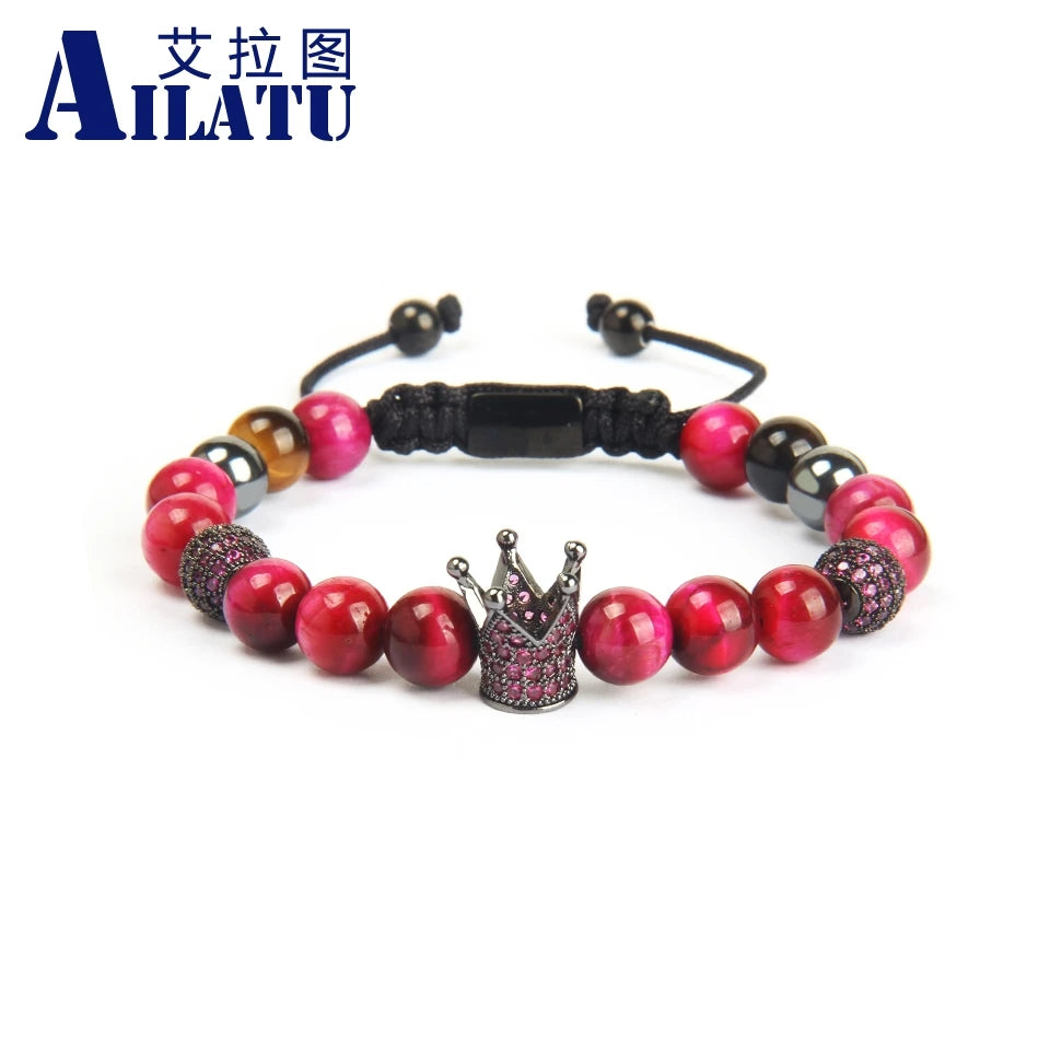 Ailatu Lot de 10 bracelets en forme de couronne pour couple, perles en pierre naturelle œil de tigre verte et rose, fil ondulé, bijoux en macramé