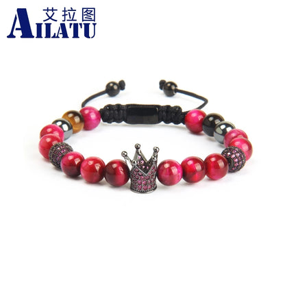 Ailatu 10pcs/Lot New Couples Crown Sets Bracelet Green & Rose Natural Tiger Eye Stone Beads Thread Wave Macrame Jewelry