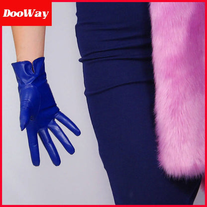 Guantes de piel auténtica DooWay para mujer, color azul real, piel de cabra auténtica, piel de oveja, guantes cortos vintage clásicos, cálidos para conducir y para la noche