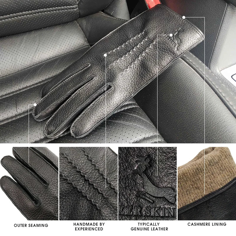 Gants en cuir de cerf pour hommes CARTTIGERCAT Gants tactiles à main complète Gants d'hiver chauds en laine avec doublure en laine pour moto et conduite