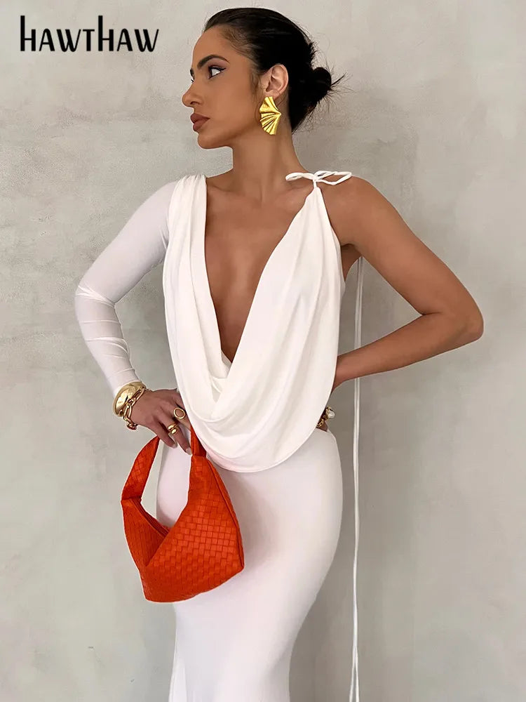 Hawthaw Women Elegant Long Sleeve Party Club Evening Bodycon White Long Dress 2022 Fall Clothing Wholesale Items For Business