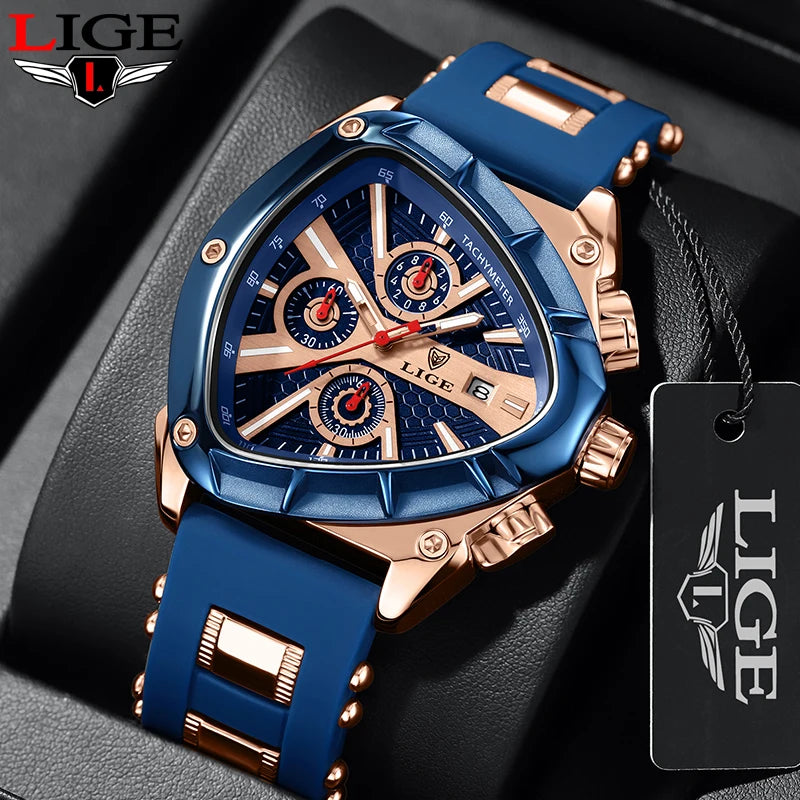 LIGE Reloj de moda para hombre, cronógrafo triangular, reloj de pulsera militar, deportivo, militar, relojes de lujo para hombre, reloj de cuarzo resistente al agua para hombre