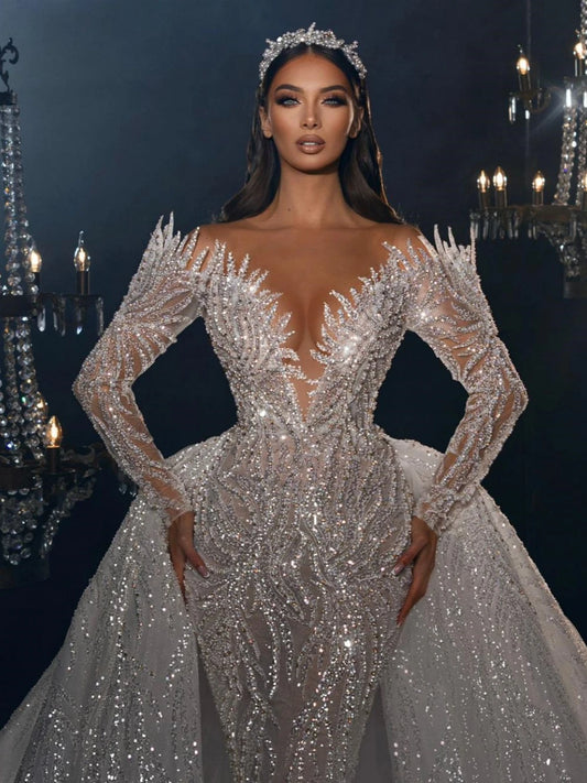 Robe de mariée brillante à col rond, perles élégantes avec queue amovible, robes de mariée luxueuses au sol