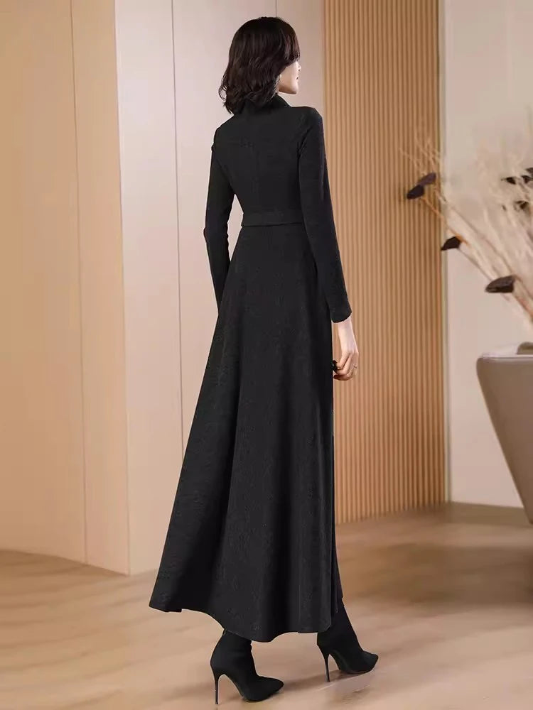 New Women Black Woolen Dress Autumn Winter Fashion Peter pan Collar Long Sleeve Wool Blends Long Dress Elegant Slim Dress