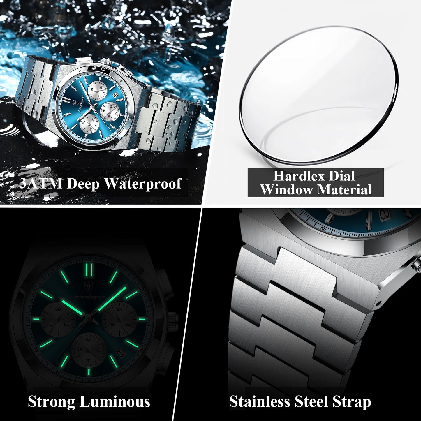 POEDAGAR Reloj de cuarzo de lujo para hombre, reloj deportivo militar para hombre, resistente al agua, luminoso, con fecha, cronógrafo, relojes de acero inoxidable para hombre