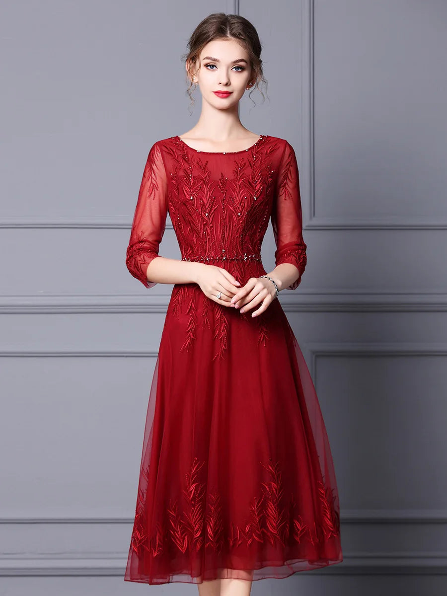 High-grade spring dress 2024 new heavy bead embroidery flower mid-length formal occasion dress skirt