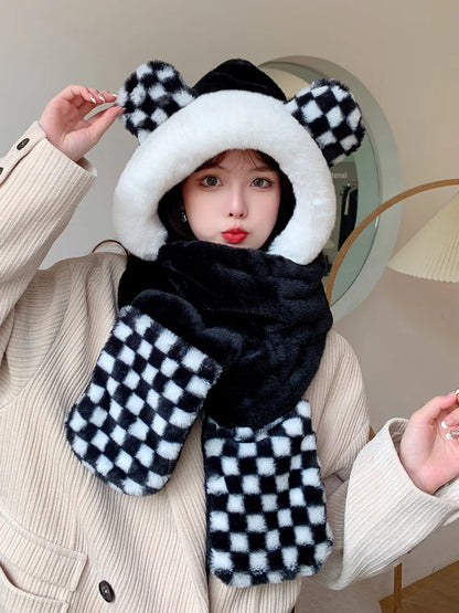 Bear Hat Women's All-Match Autumn and Winter Scarf All-in-One Warm Keeping Gloves Scarf Three-Piece Set