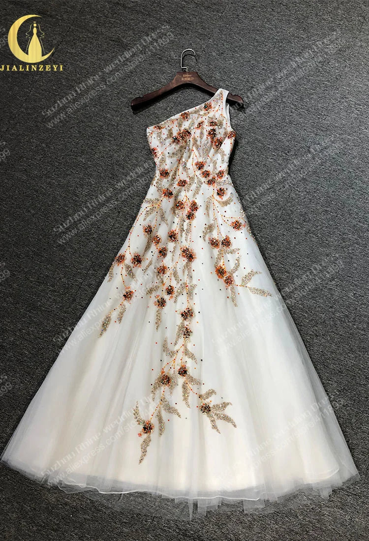 2544 Rhin une épaule perlée Orange longueur de plancher robe de soirée de mariage فساتين السهرة فساتين السهرة Evening dress