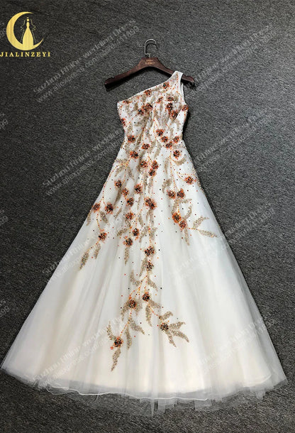 2544 Rhine One Shoulder Beaded Orange Floor Length robe de soirée de mariage فساتين السهرة فساتين السهرة Evening dress