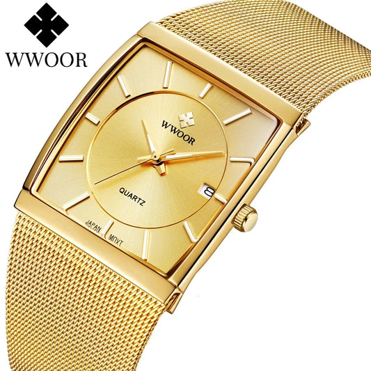 WWOOR Luxury Gold Watch Men Square Japan Quartz Slim Steel Mesh Waterproof Sports Automatic Date Wrist Watches Relogio Masculino