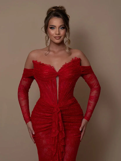 Party Dresses for Women Off Shoulder Long Sleeves Red Lace Mermaid Maxi Gown Formal Occasion Fashion Summer 2024