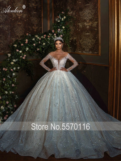 Alonlivn Full Of Beading Embroidery Appliques Lace Ball Gown Bridal Dress Illusion Neck And Back Long Sleeves Wedding Gowns