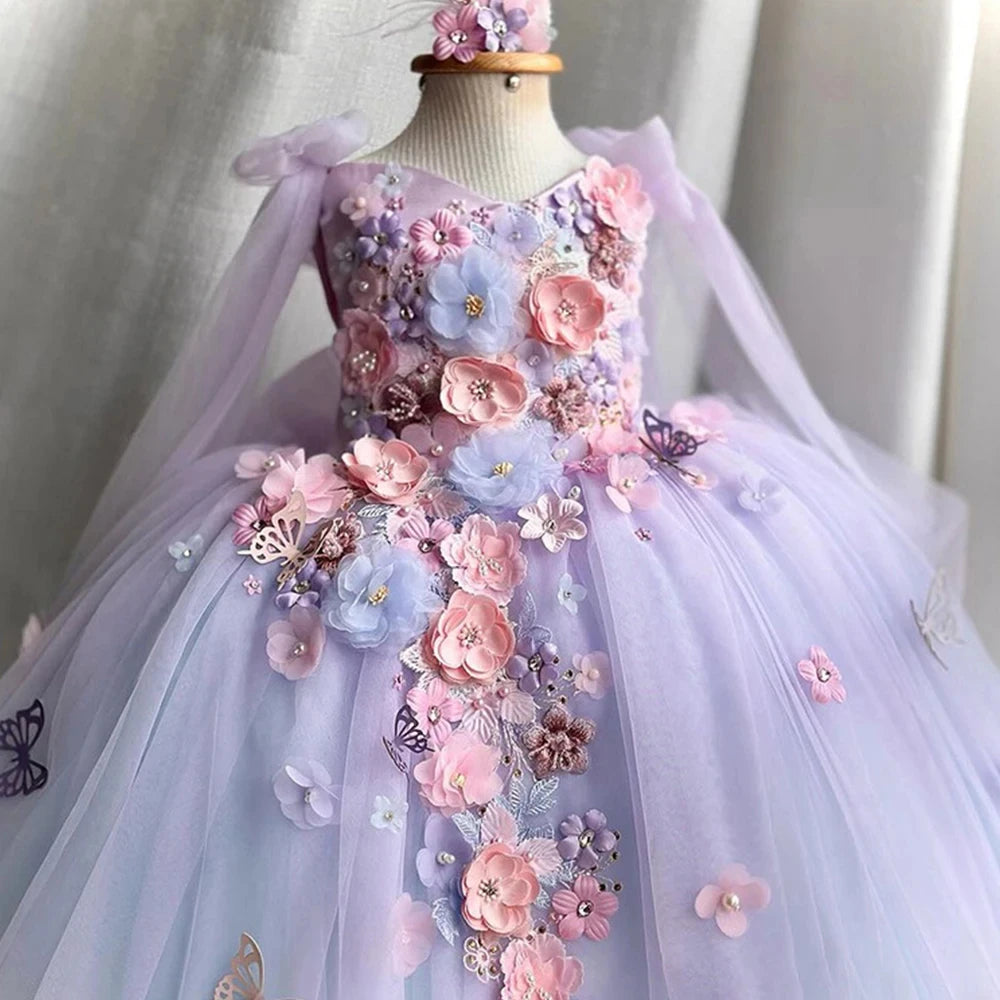 Vestido de gasa de princesa Lolita para niña, con tirantes de perlas y flores bordadas, vestido esponjoso para fiesta de cumpleaños y carnaval, ropa de actuación