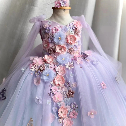 Robe en gaze princesse Lolita pour fille, brodée de fleurs et de perles, robe moelleuse, vêtements de spectacle pour carnaval, fête d'anniversaire