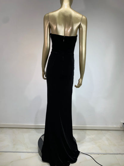 Vestido largo negro sexy sin tirantes, sin espalda, con abalorios y diamantes para mujer, vestido elegante para fiesta, noche y escenario 2024