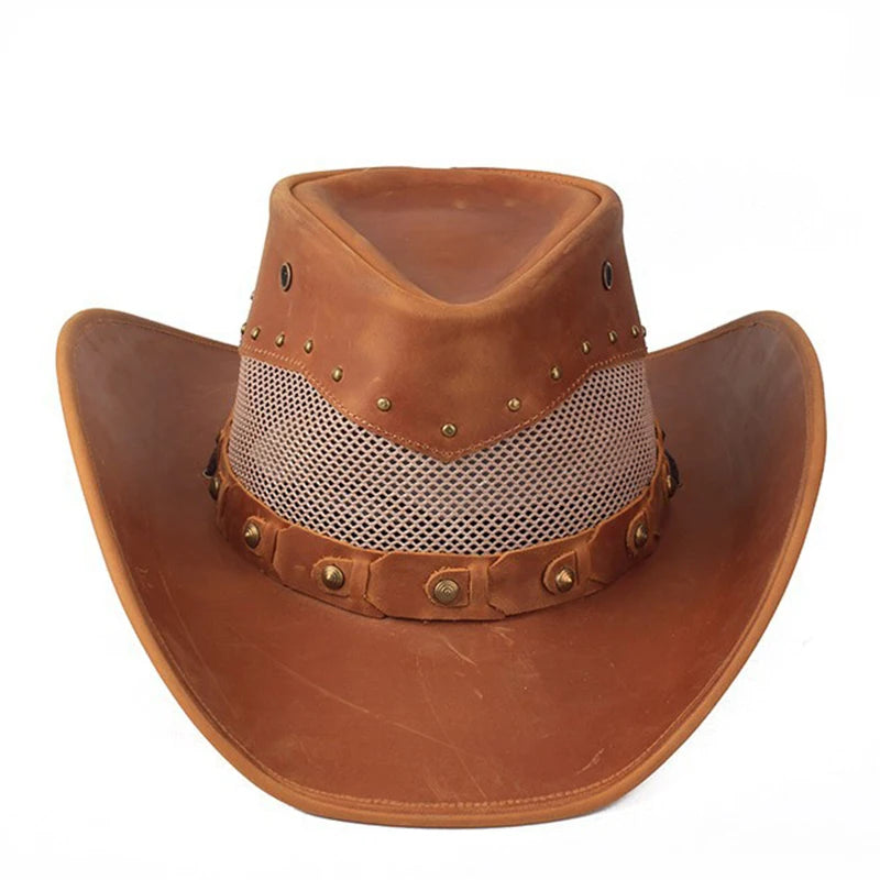 Retro Cowhide Genuine Leather Women Men PU Roll Up Wide Brim Sombrero Sun Cap Beach Cowboy Cowgirl Western Hat Adjust