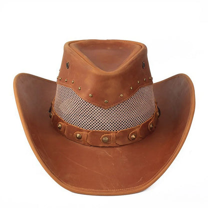 Chapeau de soleil rétro en cuir de vache véritable pour femme et homme, en PU, à large bord, ajustable, pour la plage, le cowboy, le cow-girl